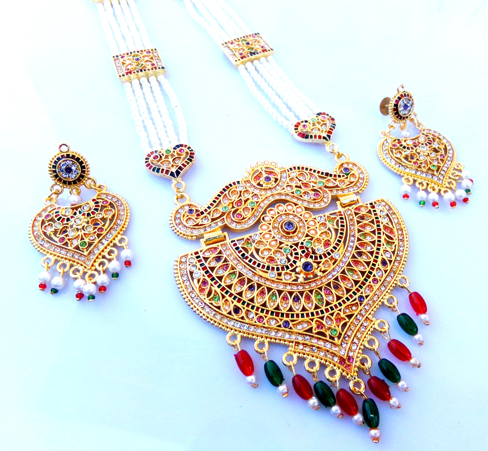 Bollywood Indian Gold Plated Pearl Fashion Long CZ Necklace Earring Jewelry Set