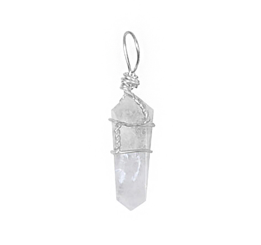 Natural Clear QUARTZ Crystal Wire Wrapped Pendant Double Point & BLACK NECKLACE