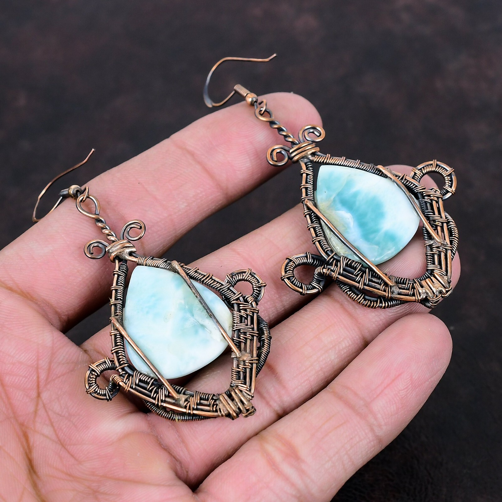 Larimar Jewelry Copper Gift For Friend Wire Wrapped Drop/Dangle Earrings 3.15″
