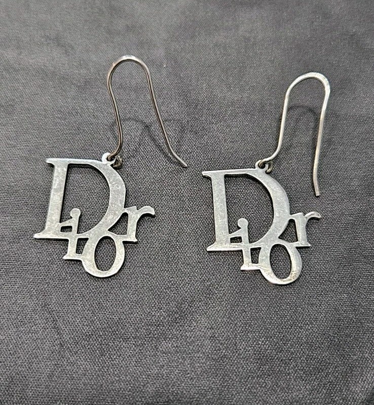 VINTAGE CHRISTIAN DIOR BY JOHN GALLIANO SILVER LOGO DROP EARRINGS