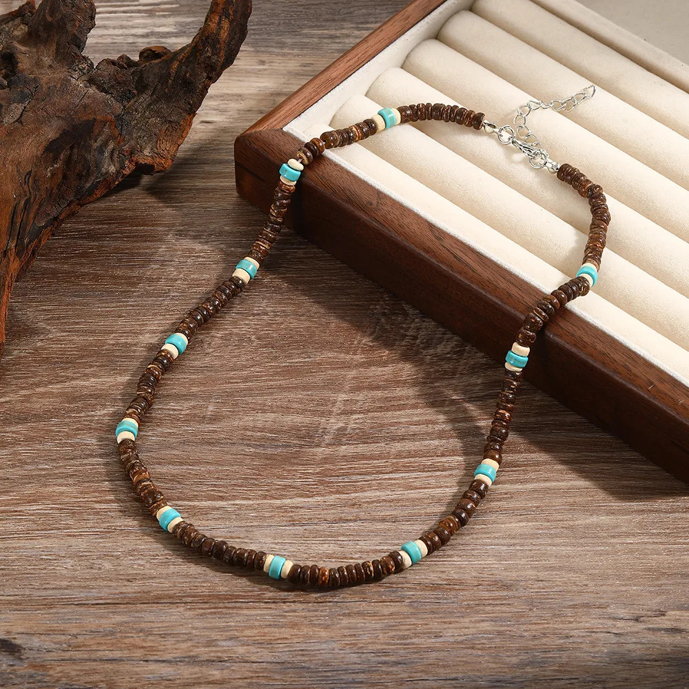Natural Coconut Wood Necklace 19 Inch Round Bead Rope Chain Men Jewelry