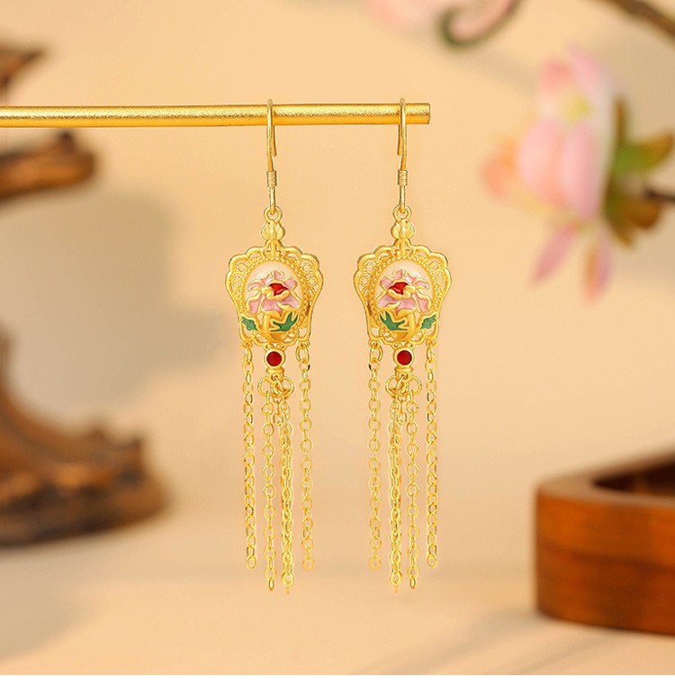 Chinese Style Enamel Tassel Dangle Earrings Vintage Floral Jewelry