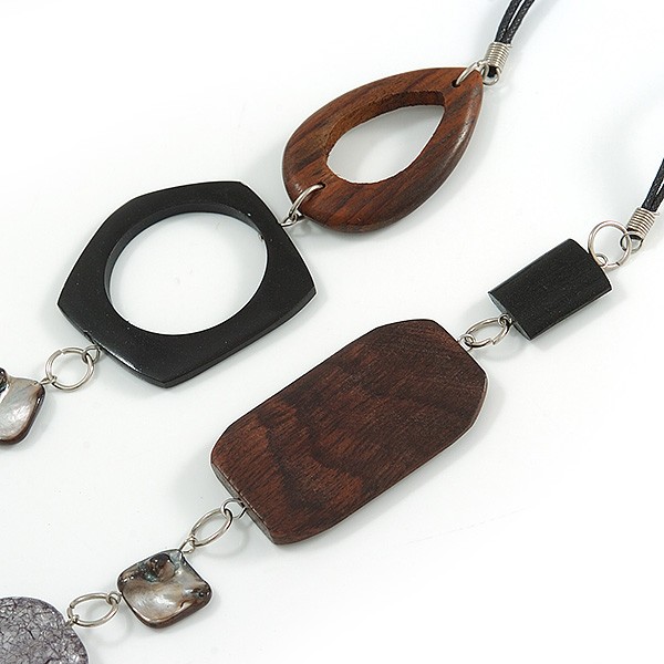 Brown/ Grey Acrylic Wood Bead Black Cord Cotton Necklace – 74cm Long