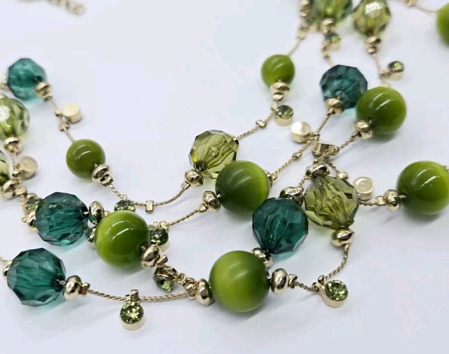 Green & Gold Beaded Layered Necklace Gold Tone 4 Row Faux Cat Eye 18 in
