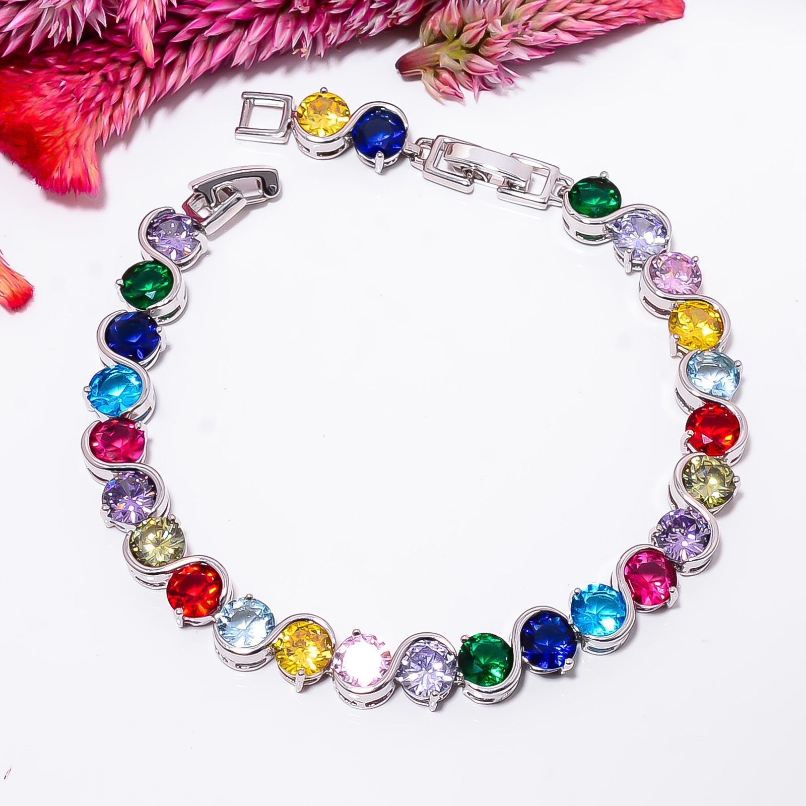Multi Tourmaline 925 Sterling Silver Tennis Bracelet B129144 Valentine Day Gift
