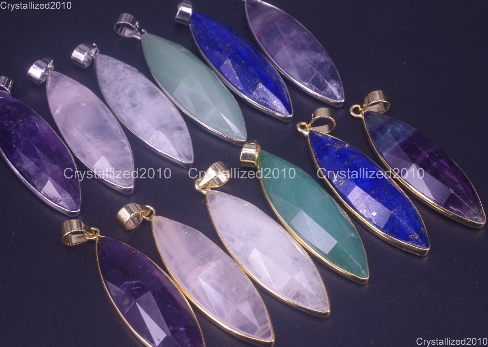 Natural Gemstones Amethyst Crystal Fluorite Navette Healing Reiki Chakra Pendant