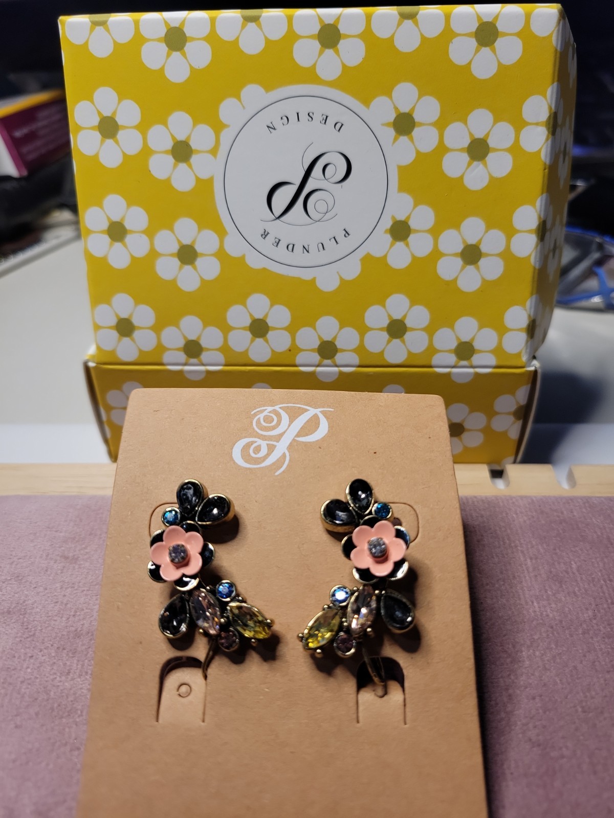 Nib Plunder Abbie Crystal Floral Climber Earrings Gold Tone Enamel Retired.