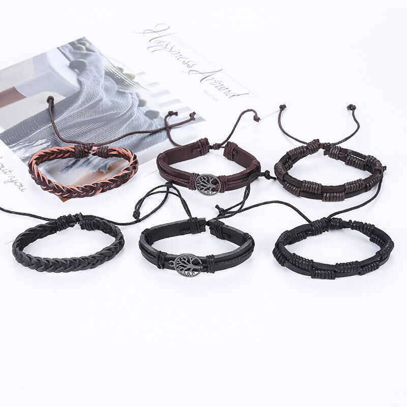 6Pcs Set Braided Leather Rope Bracelet Set Wristband Bangle Tribal Men Women