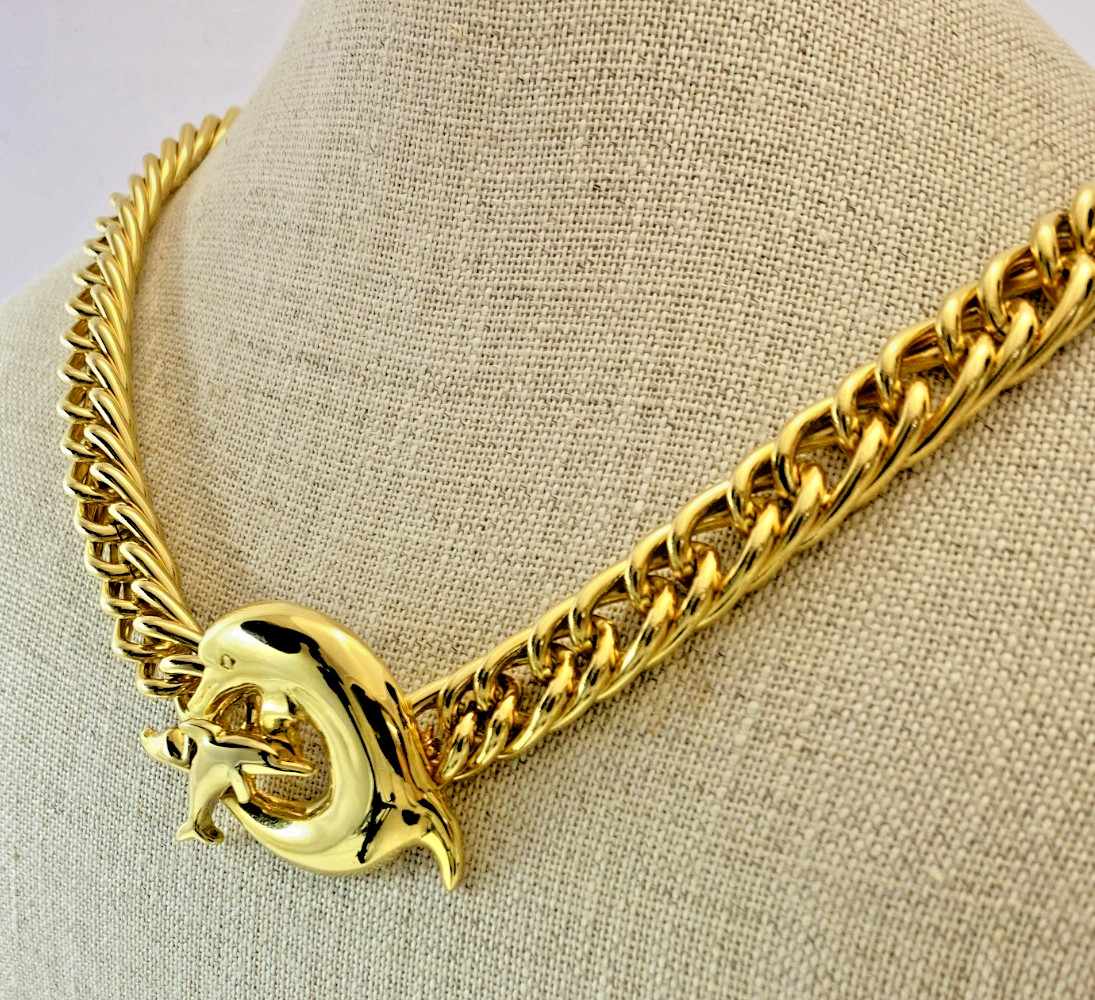 Allison Reed Dolphins Pendant Brooch Necklace Gold Plated 20″ Vintage NOS