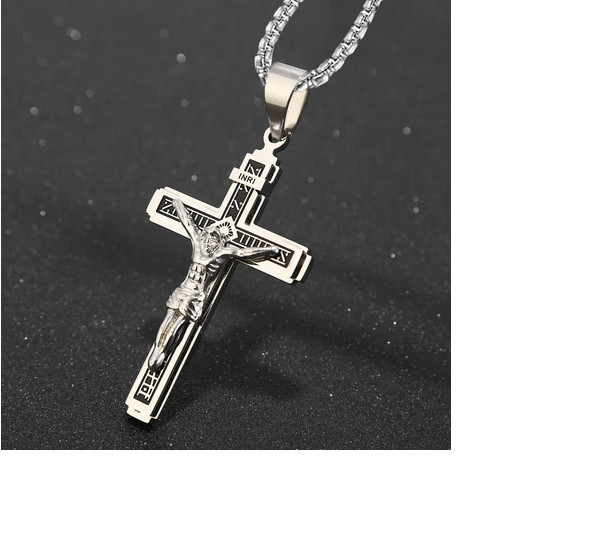 LARGE JESUS CROSS CRUCIFIX RELIGIOUS FAITH German Silver Pendant 24″ Necklace