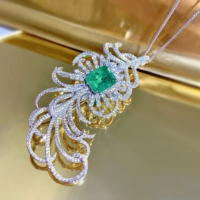 Lab Created Emerald 3Ct Emerald Feather Brooch Pin Pendant 14K White Gold Plated