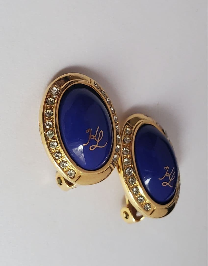 Vintage Karl Lagerfeld Blue Cabochon cut Gold Tone Oval Clip-On Earrings