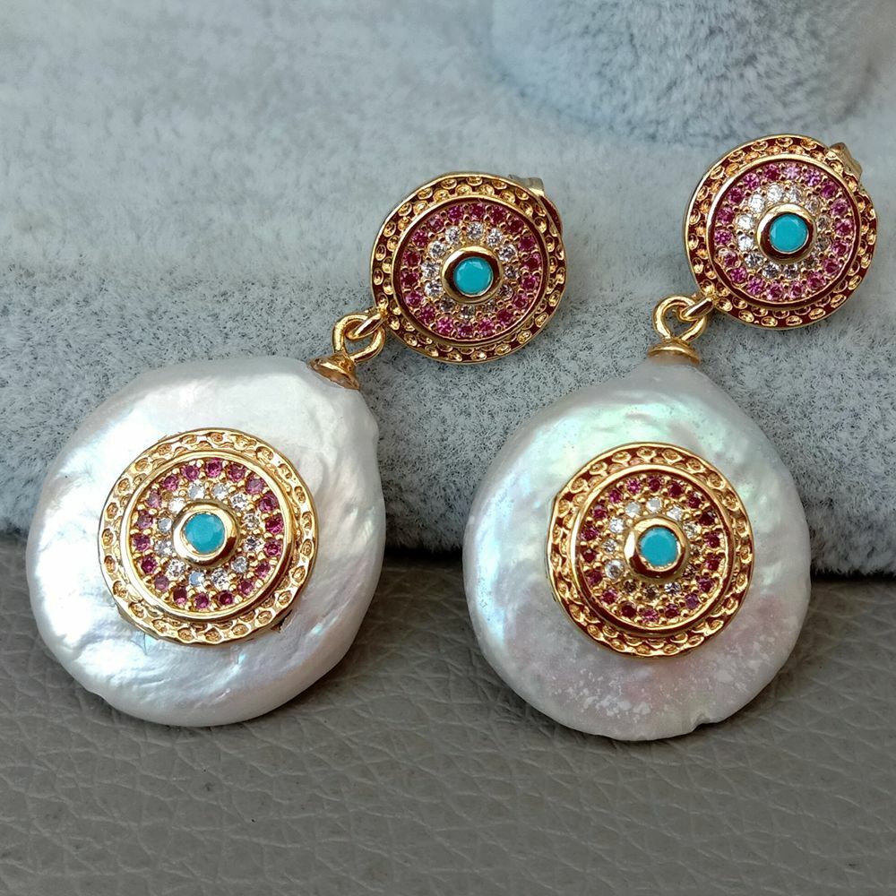 Freshwater White Coin Pearl Cz pave Stud Earrings