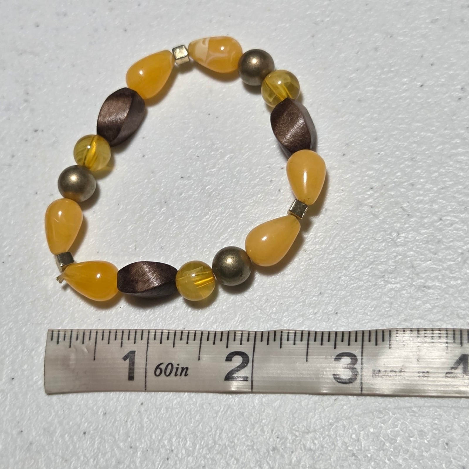 Retrod Beaded Stretch Bracelet Brown Yellow Beads Mixed Shapes Fashion Jewelry