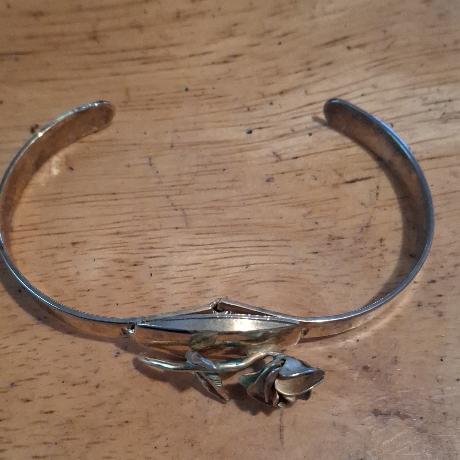 Silver Tone Rose Flower Open Cuff Bracelet Metal No Stone Adjustable Sizable