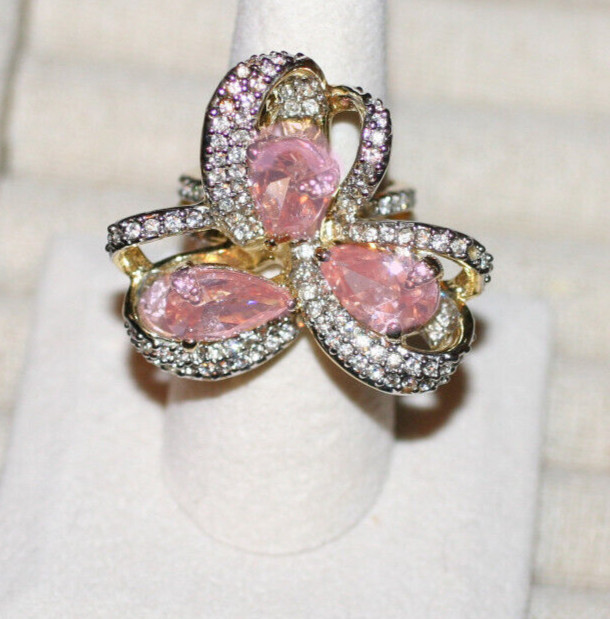 12.0CTW Champagne / 3.0 Chip Cubic Zirconia Bow Cocktail Cluster Ring SZ: 8.5
