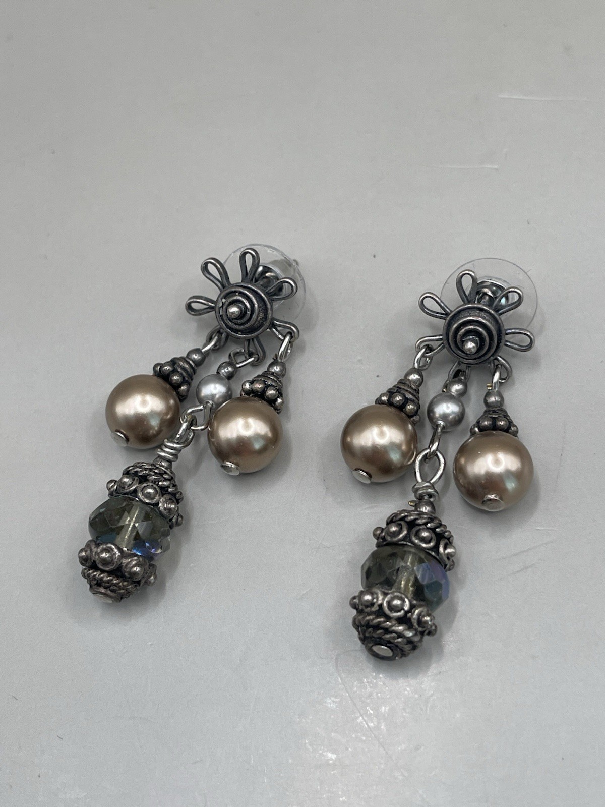 Sterling silver 925 Post READ Glass Pearl Beads Dangle 1.8” Earrings