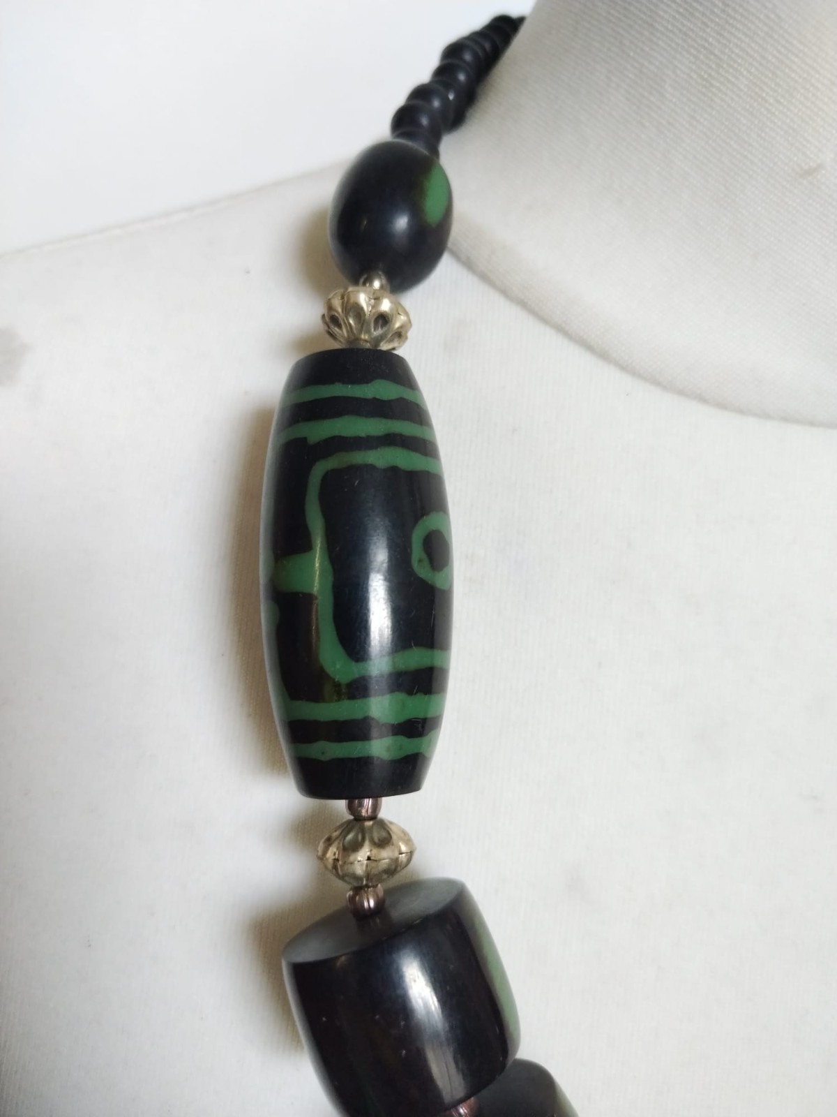 Vintage Chunky Black Green Resin, Metal Mixed Shapes Beaded Statement Necklace