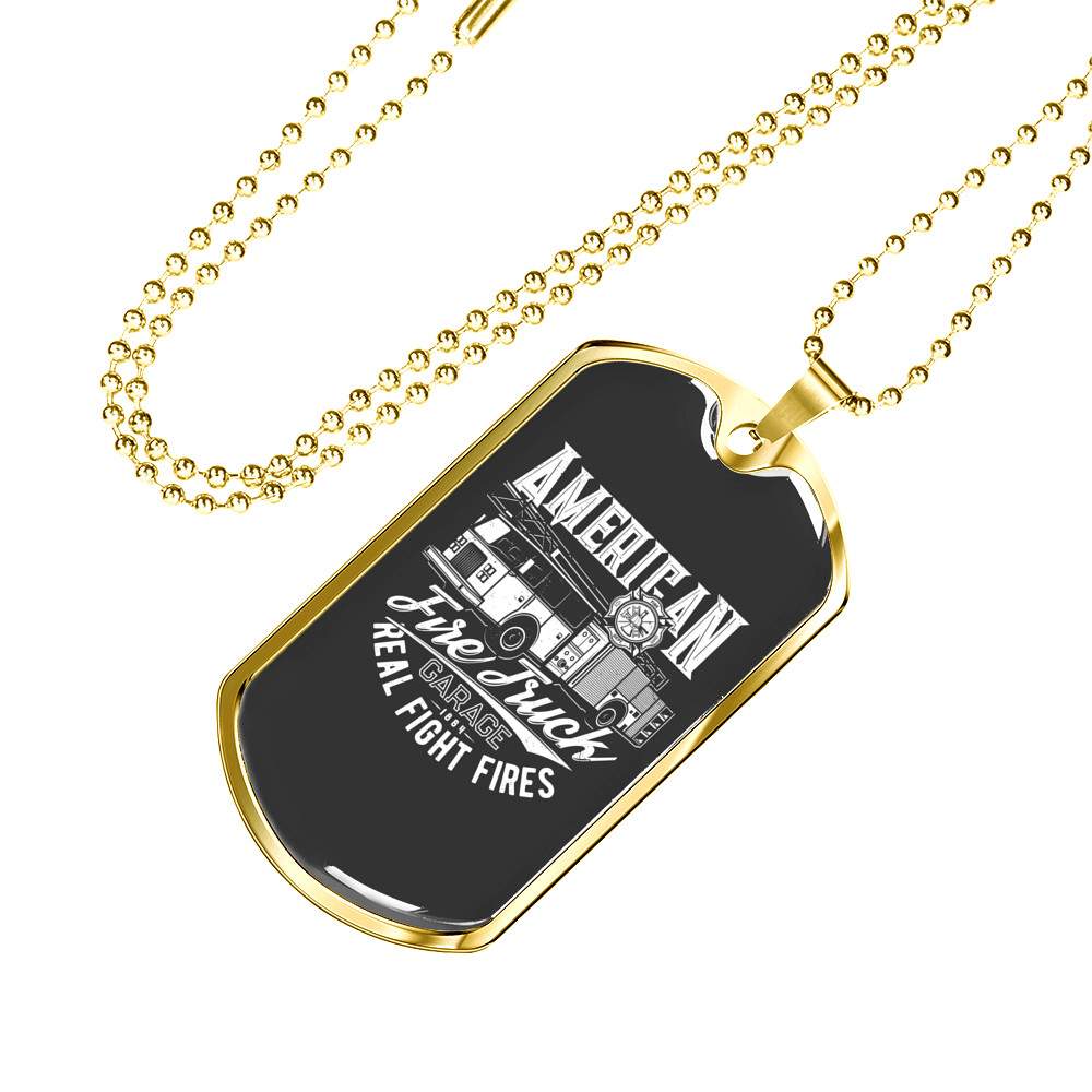American Fire Truck Firefighter Stainless Steel or 18k Gold Dog Tag 24″ Chain