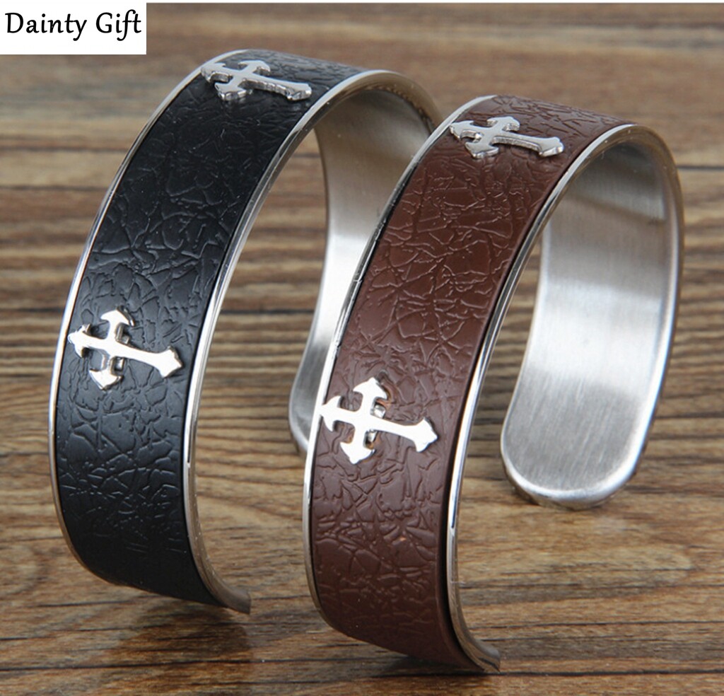 Men Women Titanium Stainless Steel Cross Leather Band Wristband Bangle 6.5-7.5″