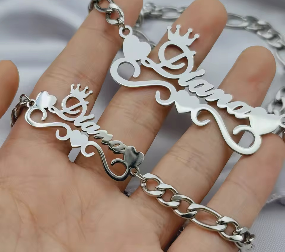 Custom Name Jewelry Set Bracelet Necklace Heart Gold Silver Stainless Steel Gift