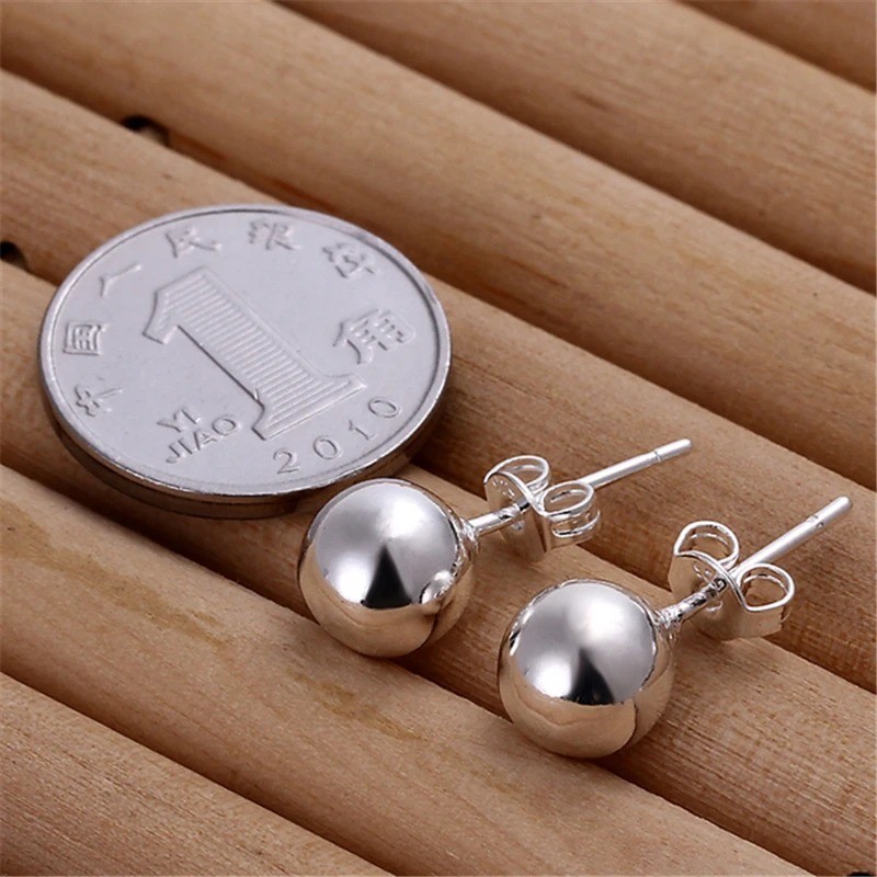 Cute 925 silver 10mm round smooth solid bead ball earrings for women