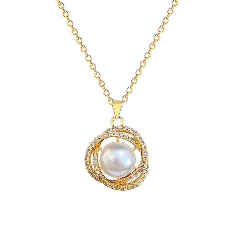 Elegant Full Diamond Necklace for Women Gold Tone Chain Pearl Round Pendant