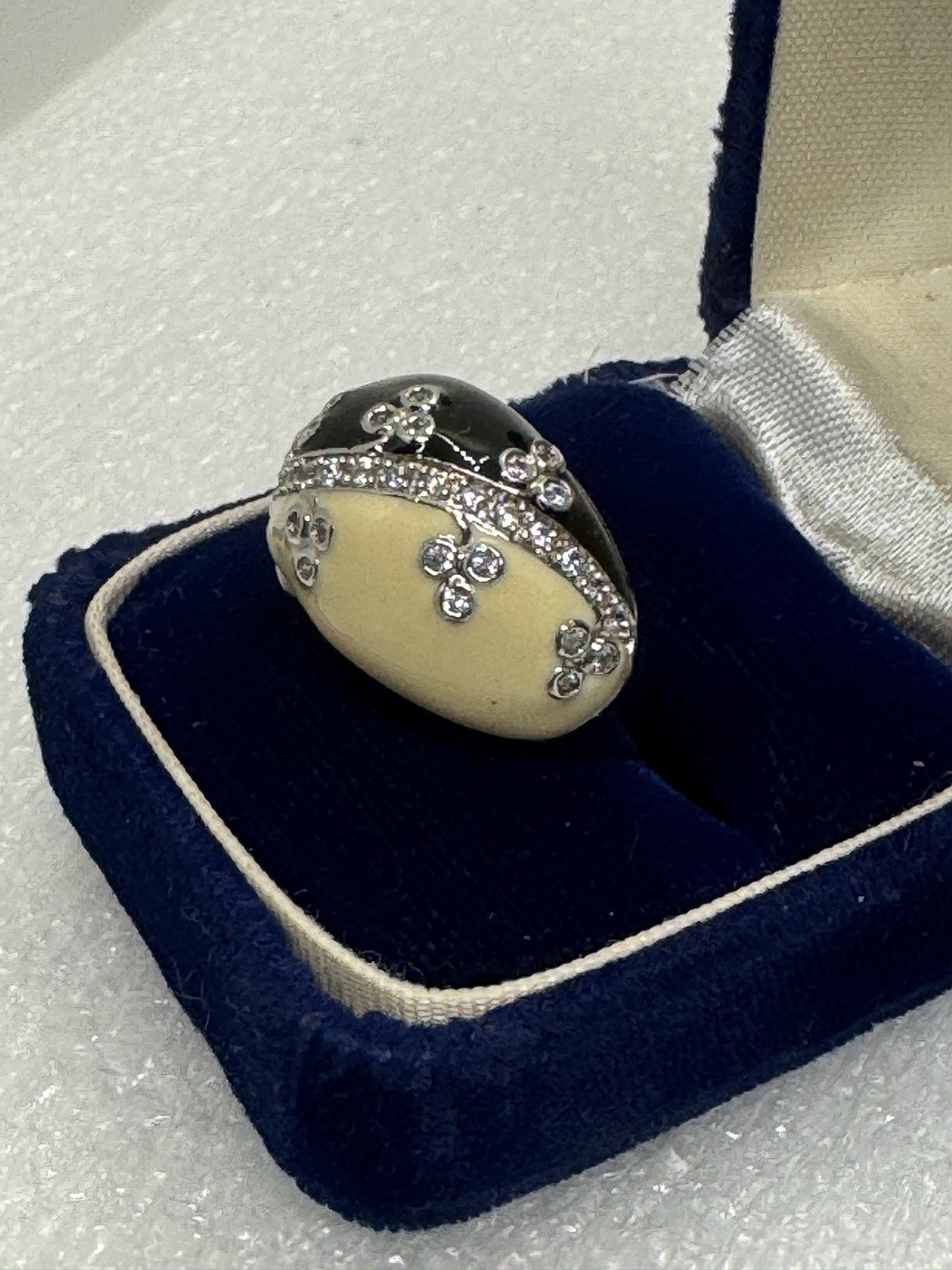Sterling Silver Cream Black Enamel Rhinestone Dome Ring Size 7.5