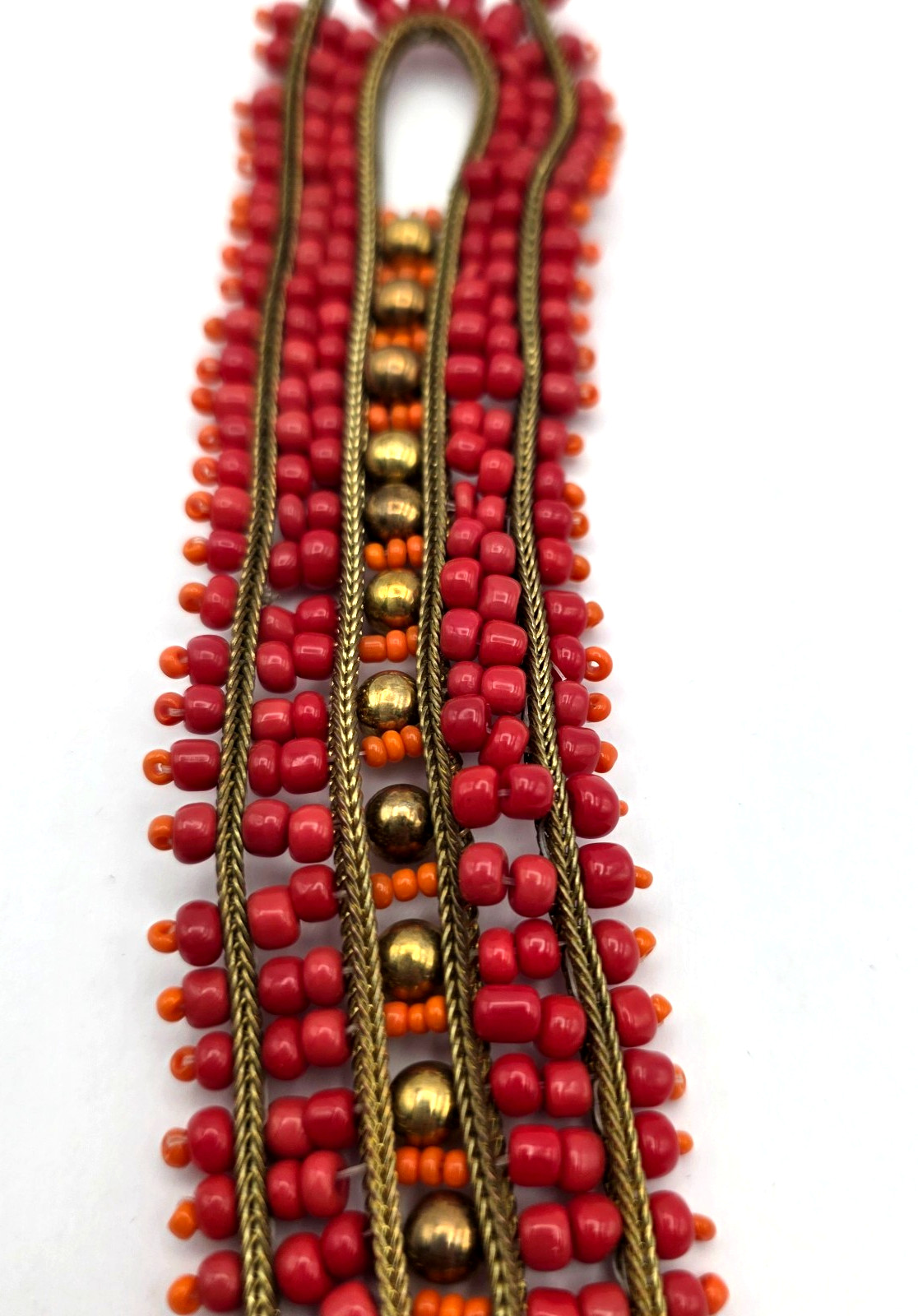 Beaded Wrap Cuff Bracelet Red Orange Gold Seed Bead Boho Statement Wide 7.25″