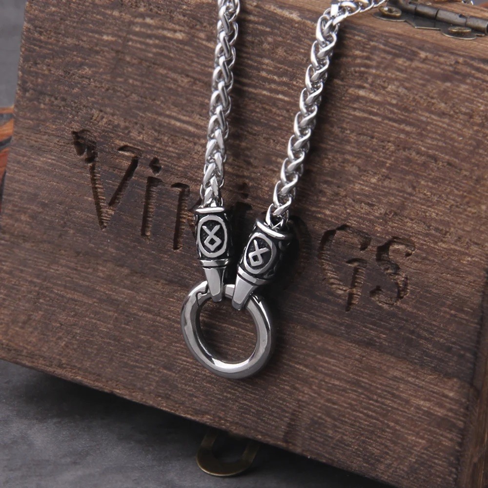 Nordic Viking Rune Open Round Clasp Pendant Necklace Stainless Steel Men Jewelry