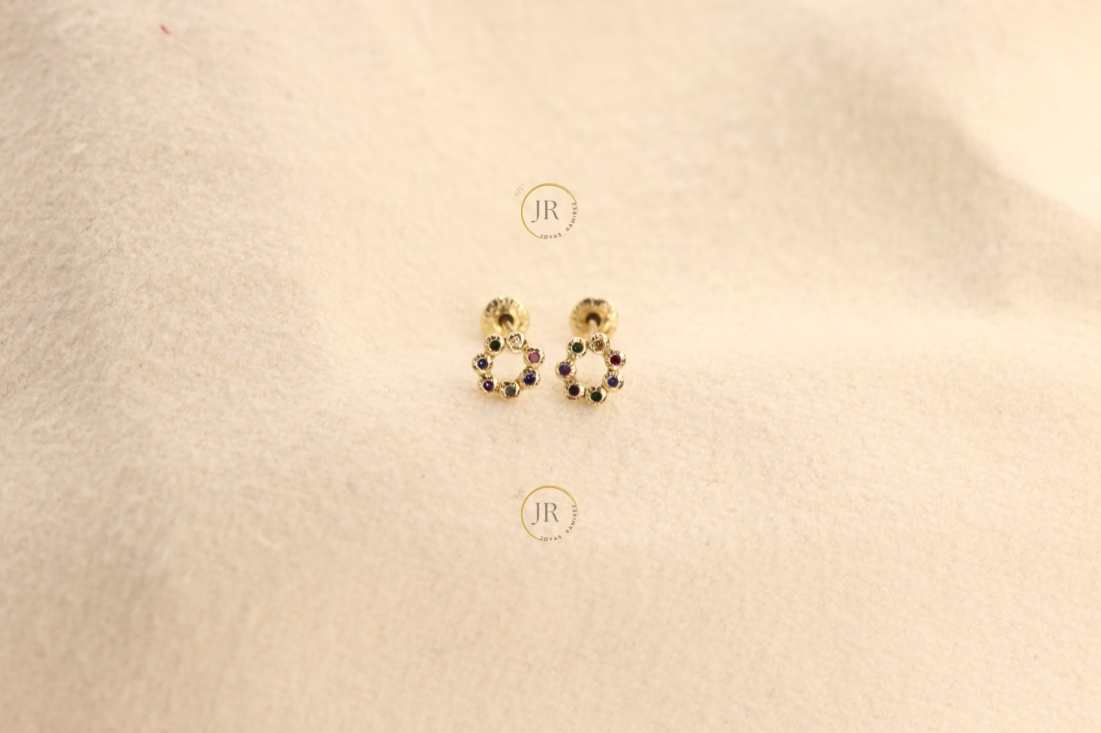 14K Solid Gold Circle Stud Earrings with Multicolor CZ · 4mm Dainty Design.
