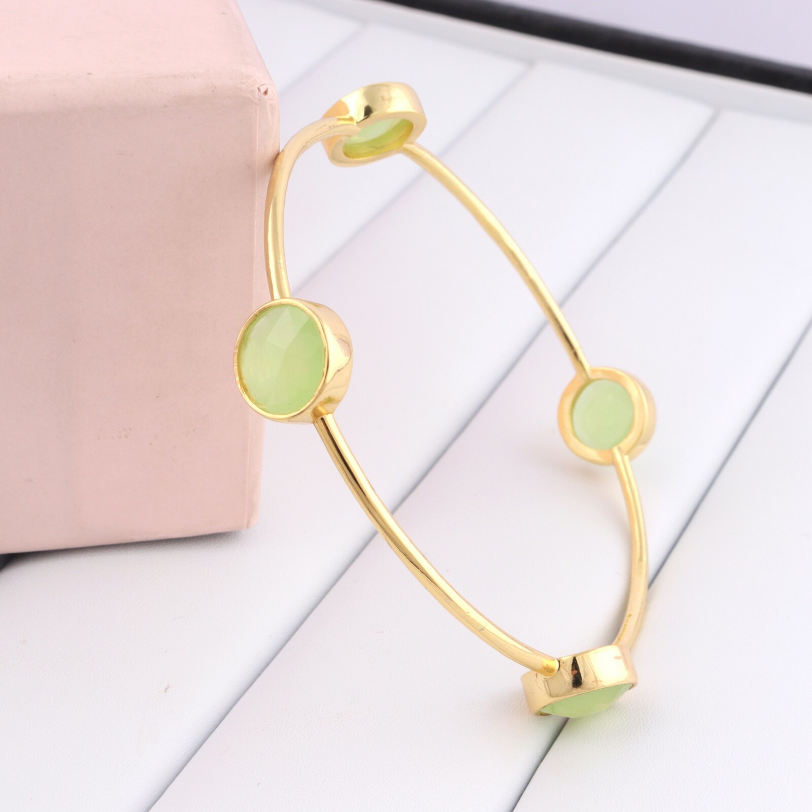 Good Quality Multi Color Chalcedony Yellow Gold Plated Sizable Bangle Bracelets