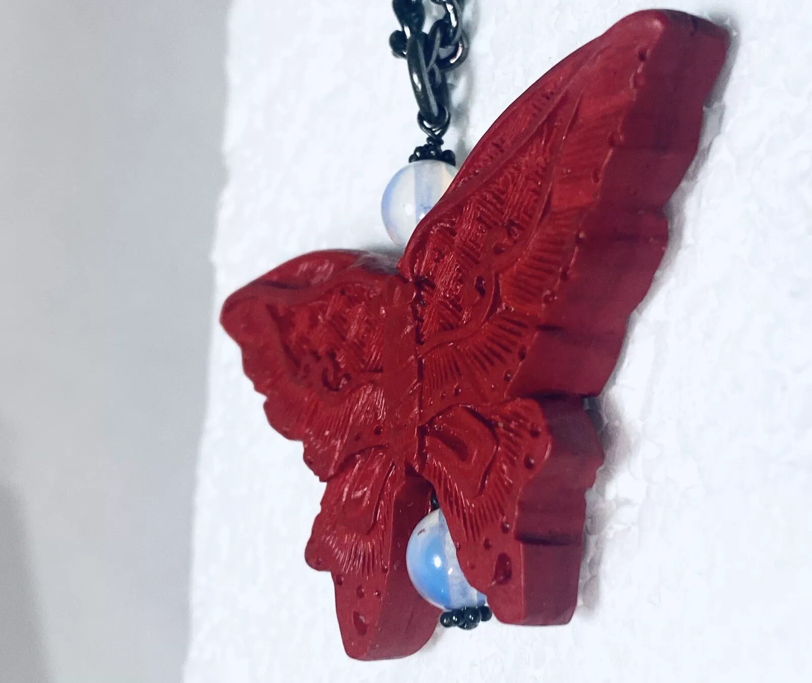 Butterfly Pendant Necklace Boho Hippie Statement Red Resin 2.5”