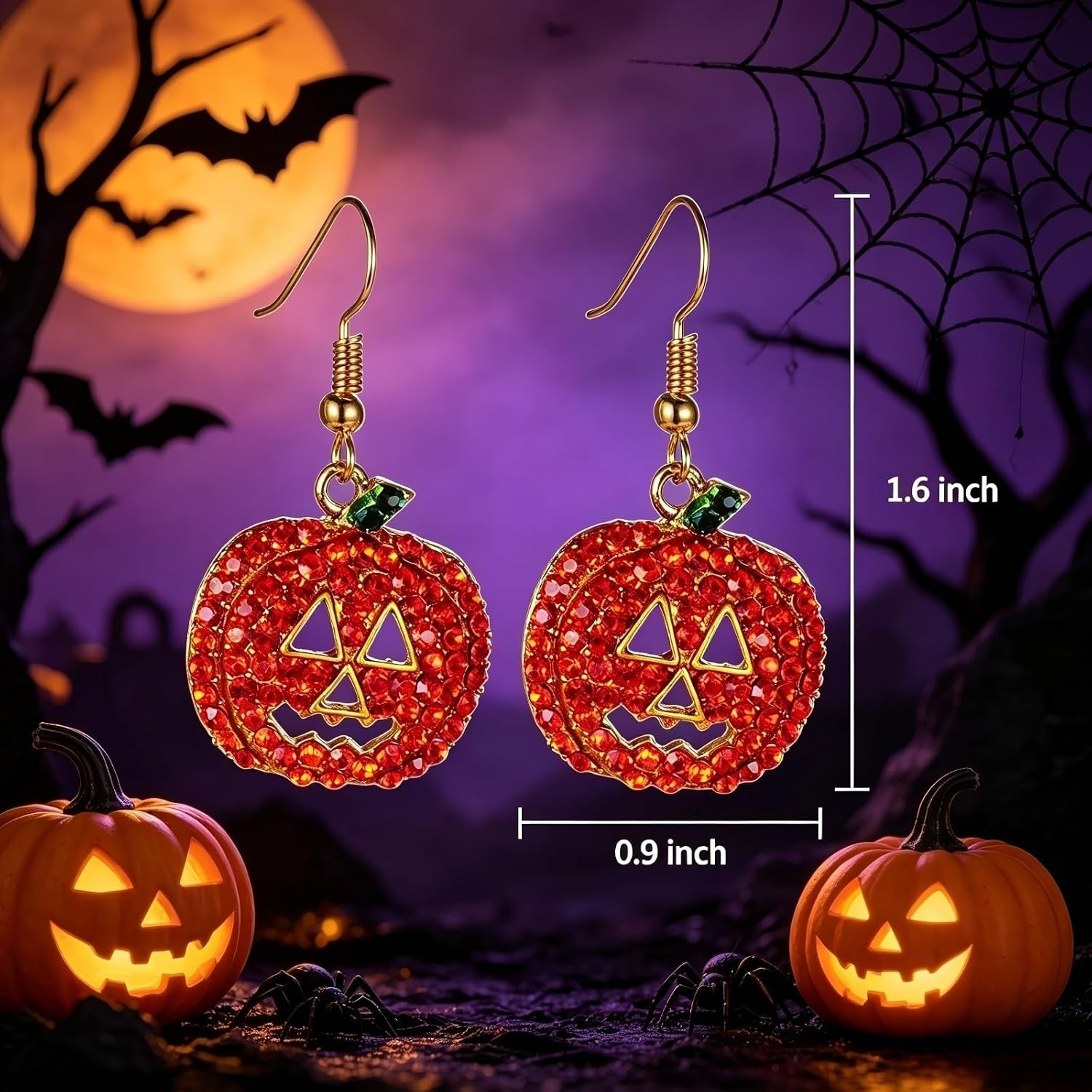 Lightweight Dangle Pumpkin Earrings in Red Crystal – Perfect for Costume Parties