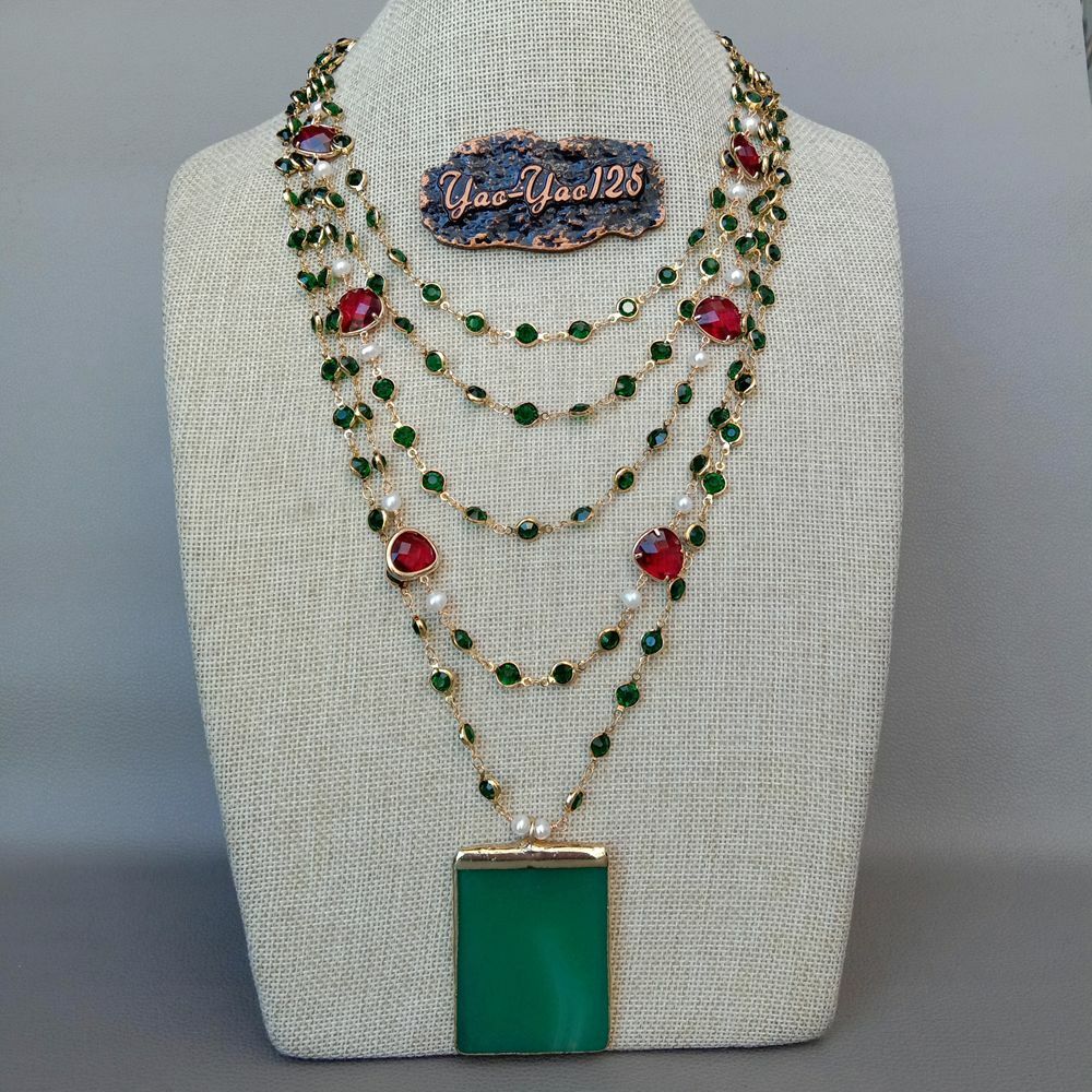 5 Strands White Pearl Green Crystal Chain Necklace Green Agate Pendant 18”