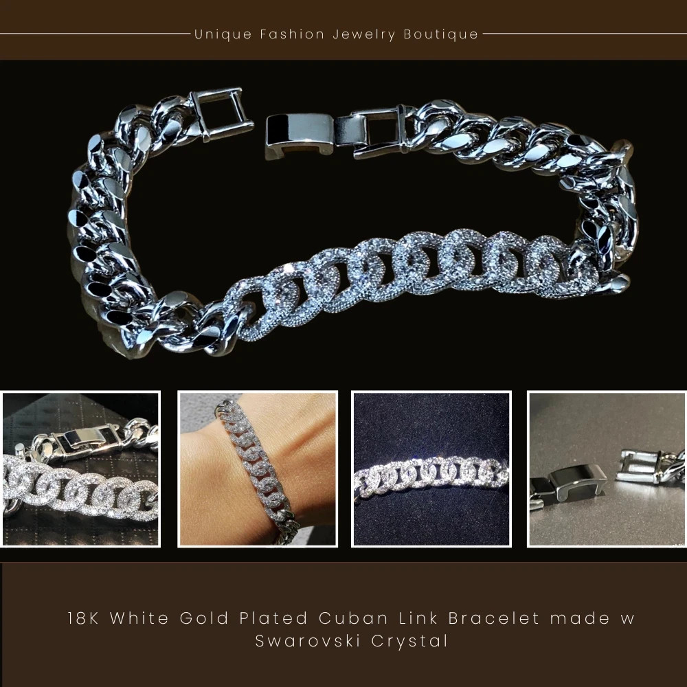 18K Platinum Plated Cuban Chain Bracelet Simulated Diamond Elegant Festival Gift
