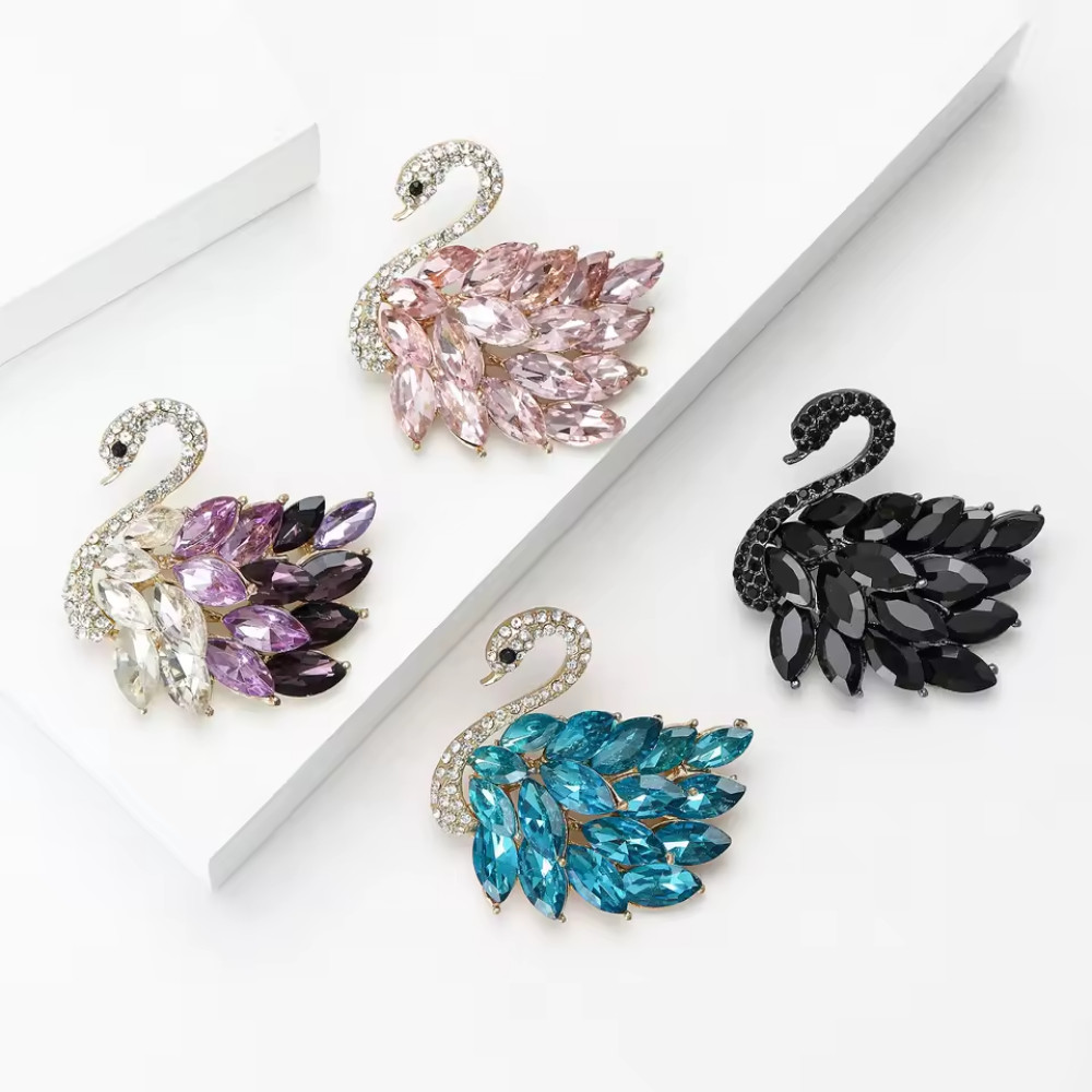 Crystal Black Rhinestone Swan Brooch Animal Pin Spring Summer Jewelry Gift