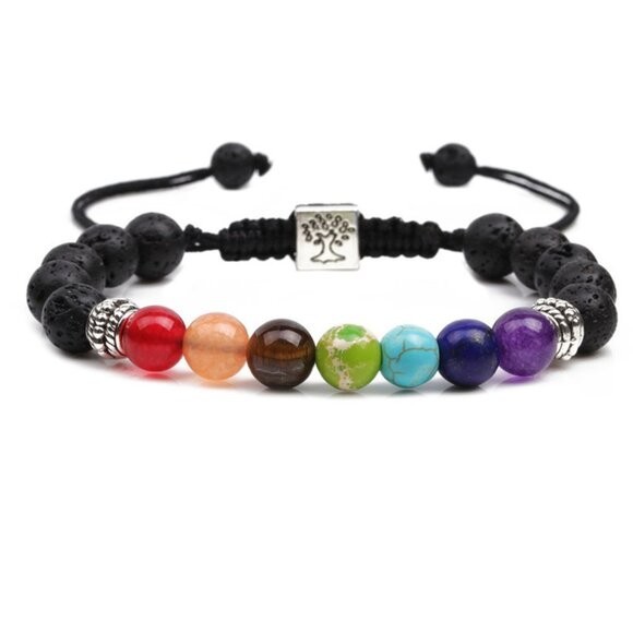 7 Chakra Lava Rock Bracelet Natural Stone Beads Yoga Healing Adjustable NWT