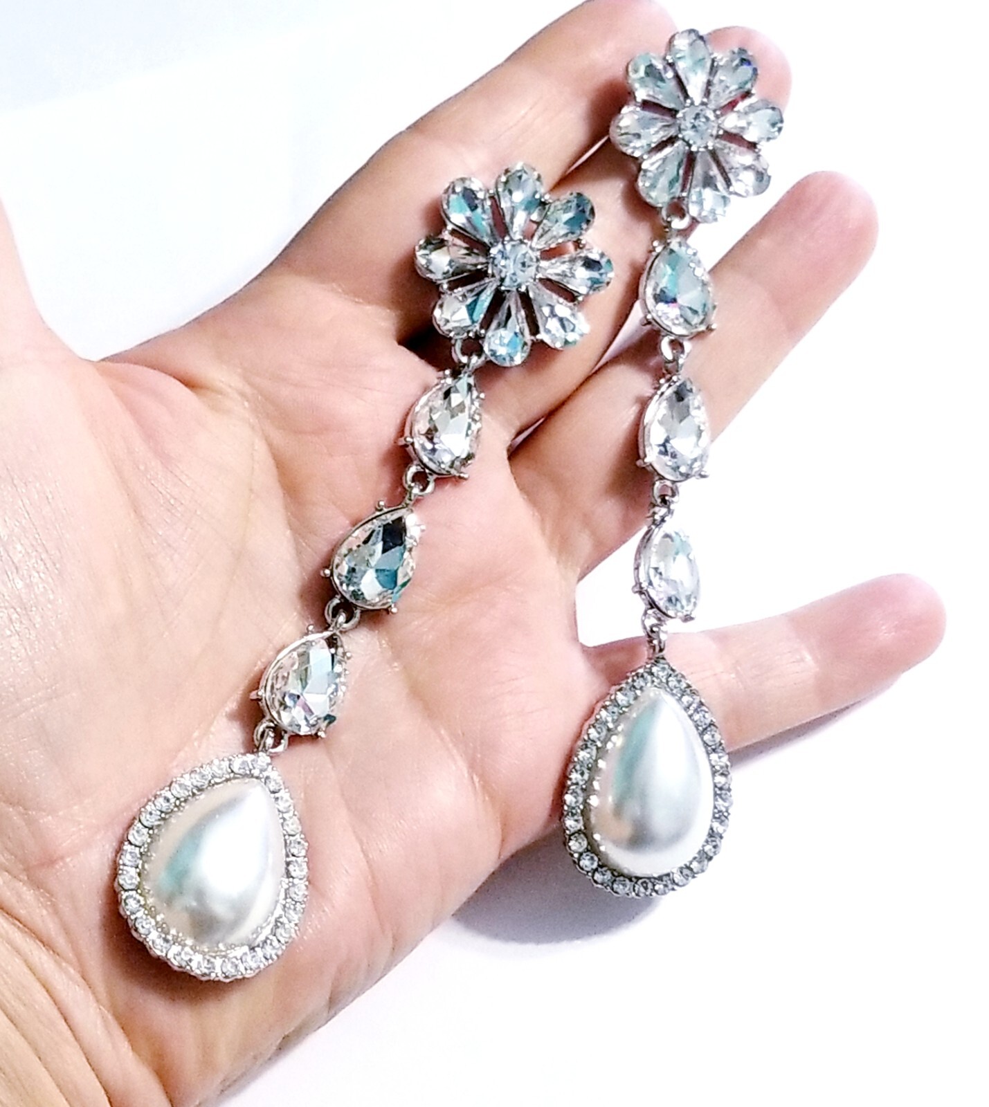 Created Pearl Dangle Chandelier Earrings 4.7 inch Clear Rhinestone Pageant Prom