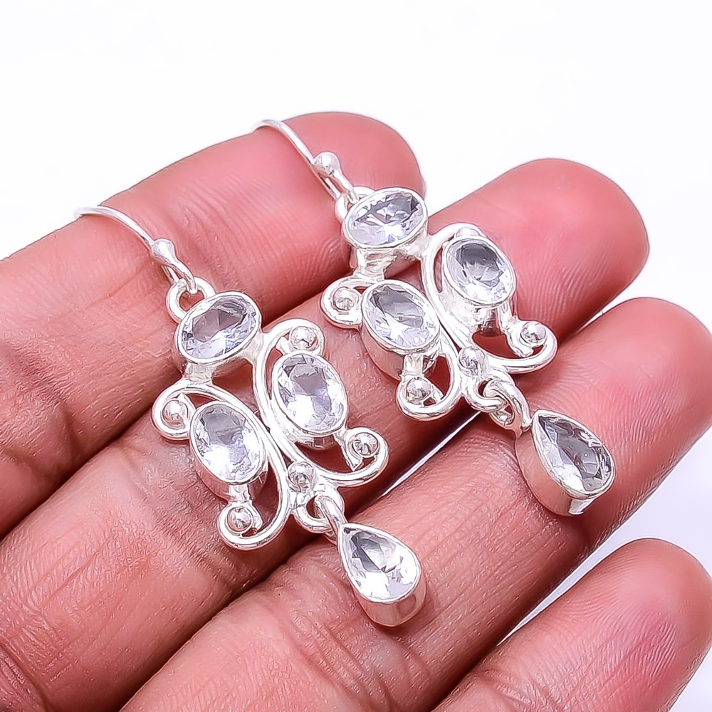 White Topaz Multi Collet 925 Sterling Silver Earring 1.95″ E80253387, Christmas