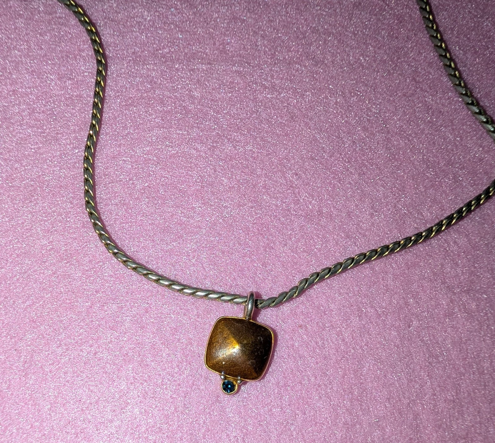Silver Tone Rope Chain Necklace Square Brown Pendant Blue Bead Dangle Signed