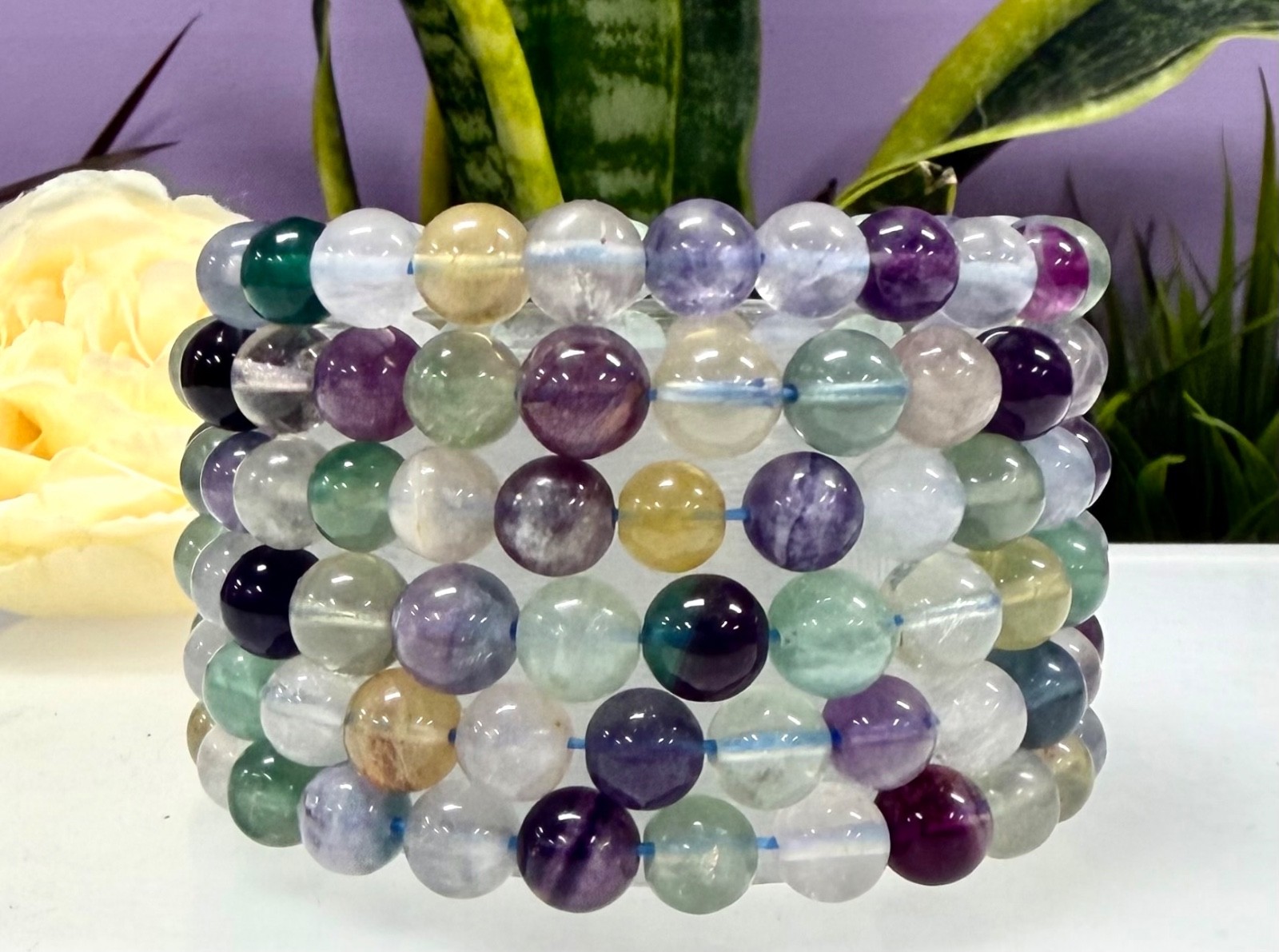Wholesale Lot 6 Pcs Natural Rainbow Fluorite 8mm 7.5” Crystal Stretch Bracelet