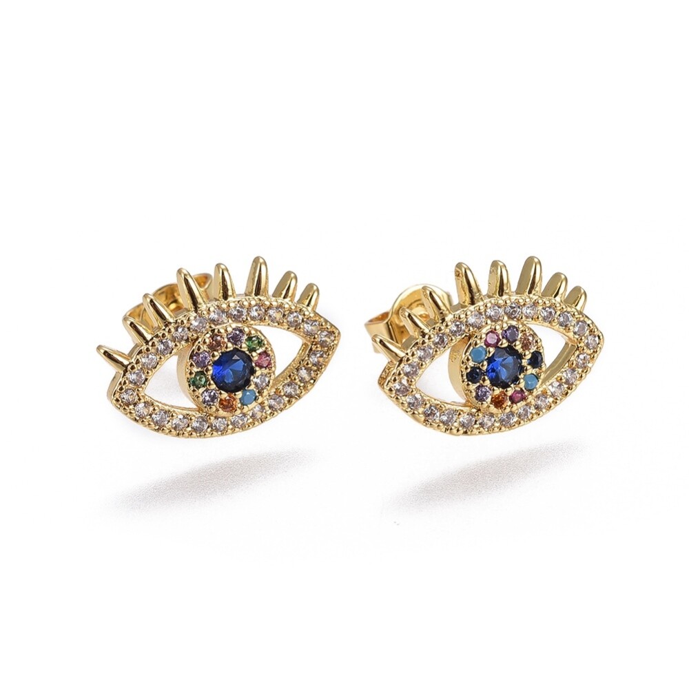 Cubic Zirconia Stud Earrings Evil Eye Gold Colorful 14.4x10x2.4mm 0.7mm P161