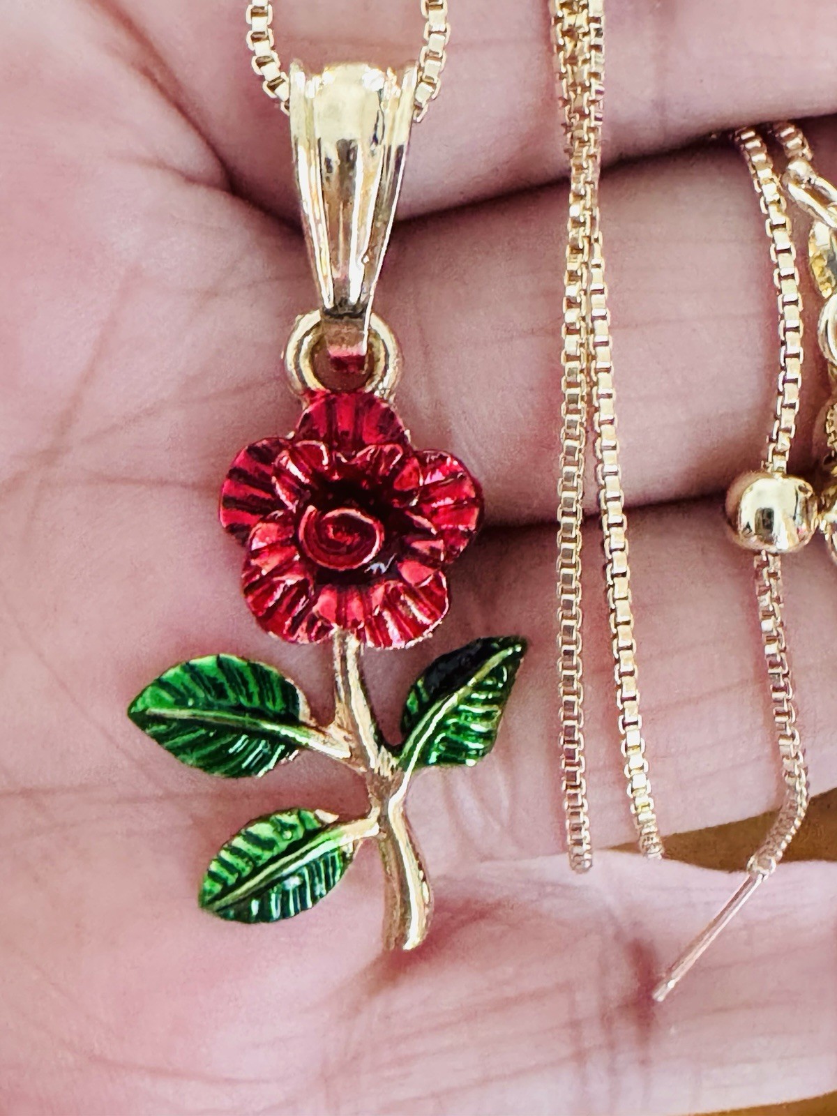 14K Gold Plated red Flower Charm Pendant Necklace Box Chain Lobster Clasp
