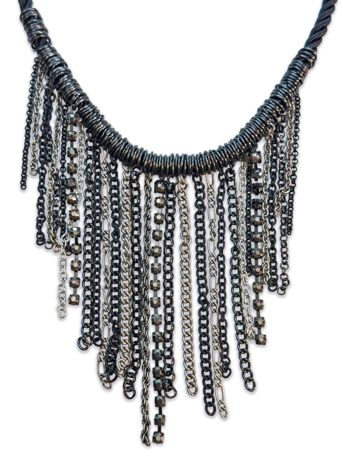 Tassel Fringe Chain Metal and Rhinestone Mix Rope Cord Statement Necklace