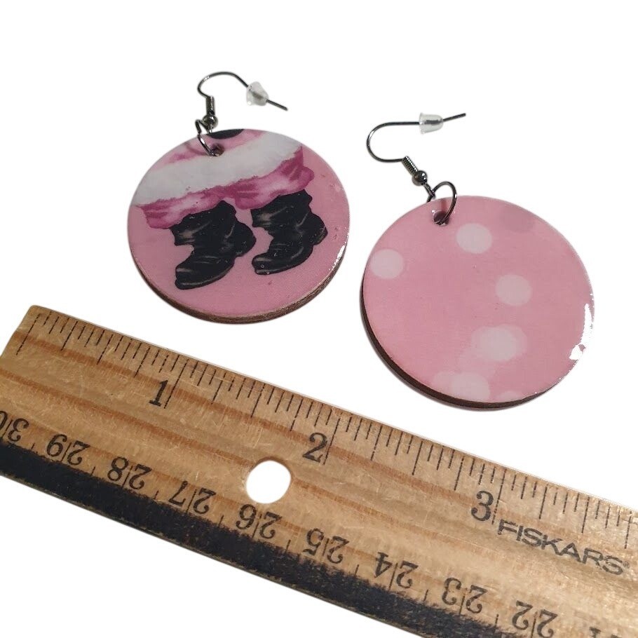 Santa Boots Pink Wooden Earrings Fun Lightweight Durable Handmade Holiday Gift