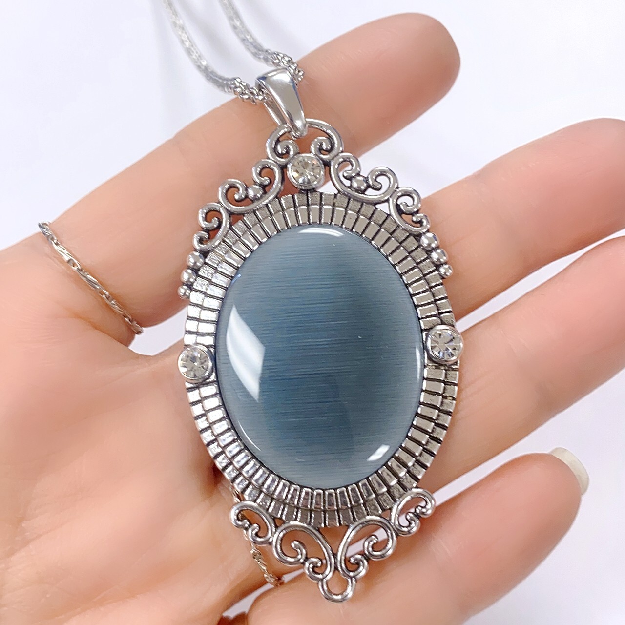 Cat Eye cameo Necklace with clear crystal Silver Plated pendant By Controse