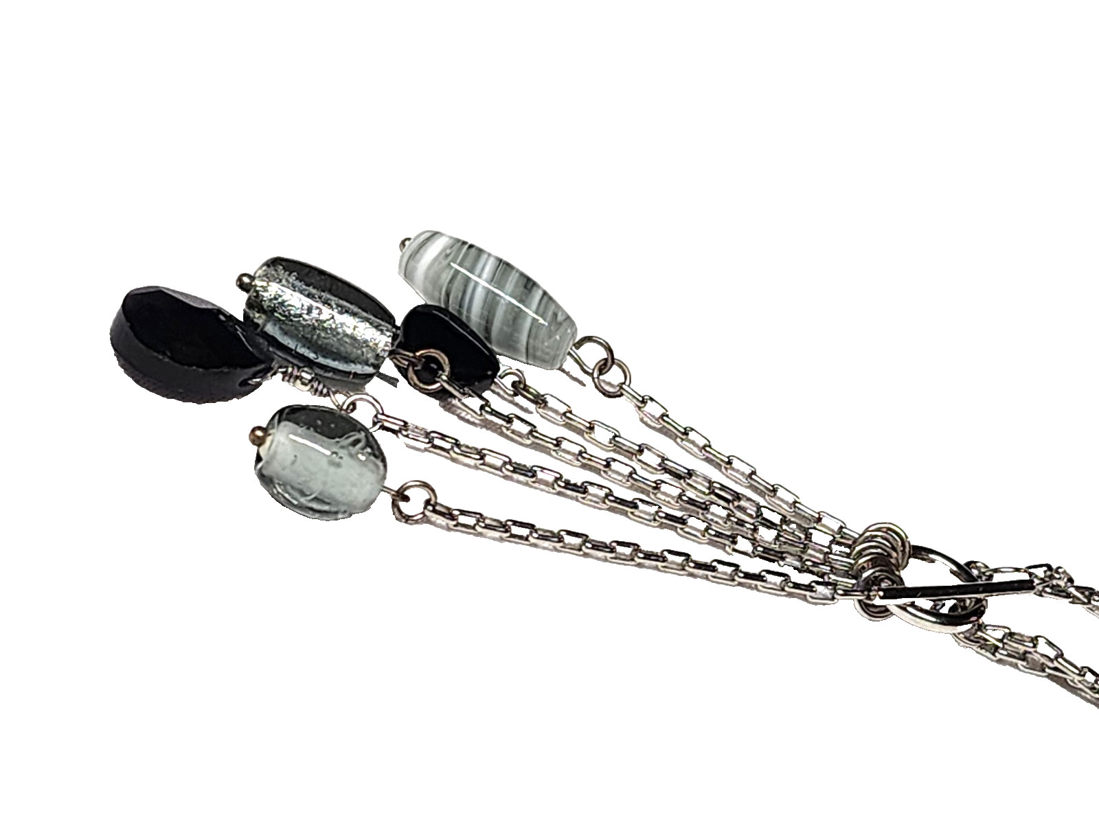 Black Gray Silver Tone Art Glass Bead Tassel Pendant Necklace 14″ Choker GUC