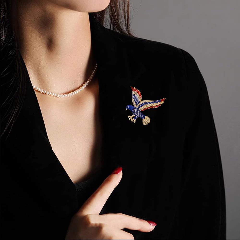 Rhinestone Eagle Bird USA Patriotic Brooch Pin Gold-Toned Crystal Blue Red