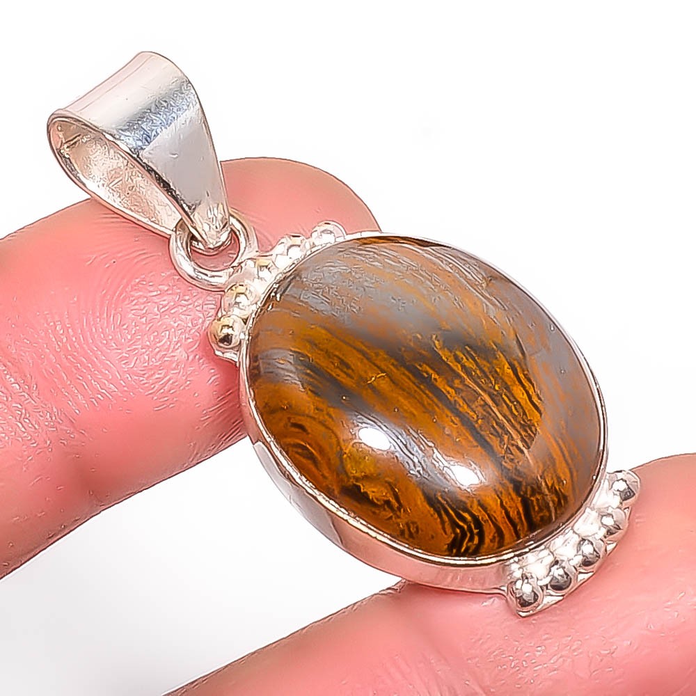 Natural Iron Tigers Eye – South Africa 925 Silver Plated Pendant 1.68″ T37